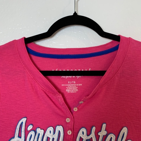 Aeropostale Womens Y2K Fitted Henley Top Size XL Pink 1987 NYC Spellout Preppy - Picture 2 of 11